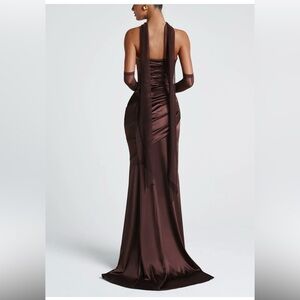 Brown Satin Halter-Back Maxi Dress